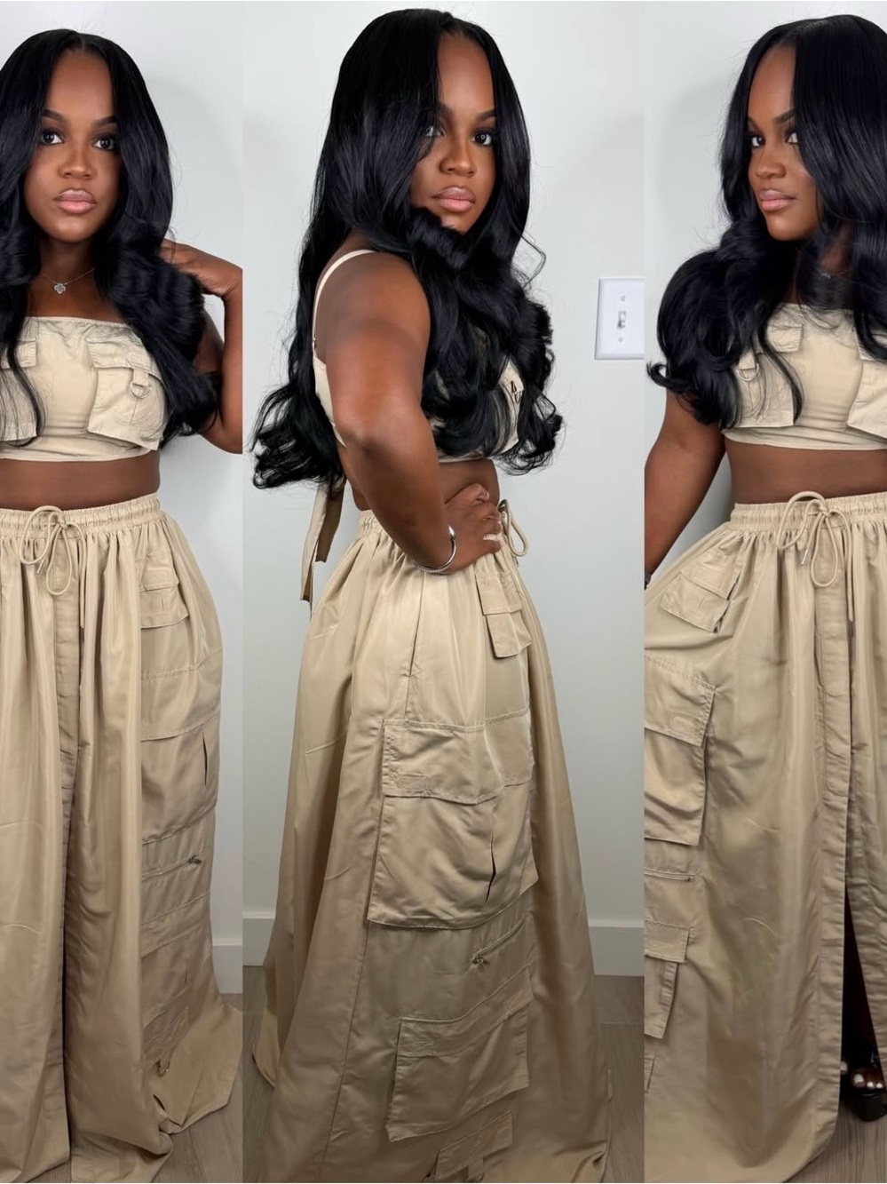 Beige Utility Maxi Skirt Set – Two-Piece Crop Top & Cargo Skirt